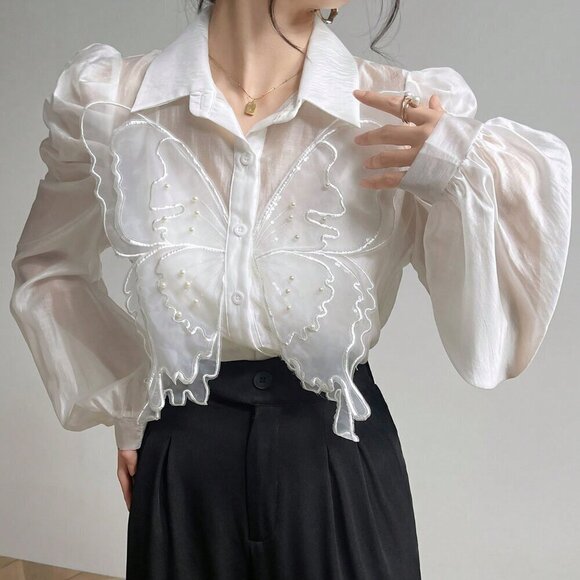White Elegant Women's 3D Butterfly Decorated Puff Sleeve Blouse - Picture 5 of 8